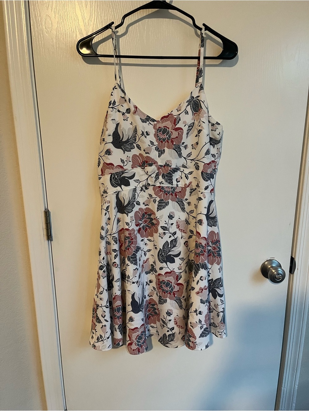 LOFT Cream Floral Spaghetti-Strap Dress with Pink and Gray Flowers